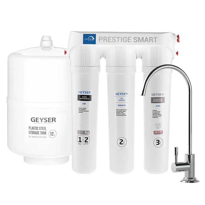 Компактная система обратного осмоса Гейзер Престиж Смарт с минерализатором, паком и краном чистой воды