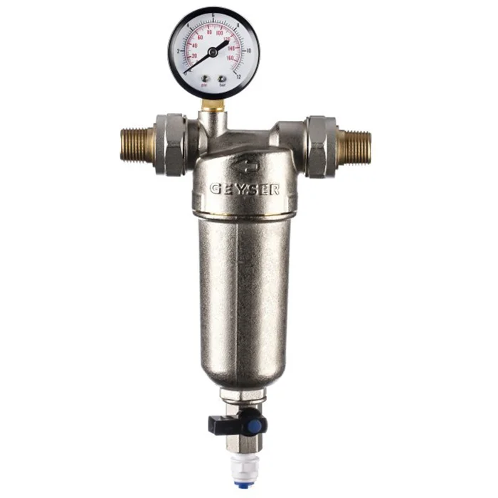 Сетчатый промывной фильтр Гейзер-Бастион 122 1/2 дюйма с латунным корпусом и нержавеющей сеткой для механической очистки горячей и холодной воды от ржавчины, песка и ила