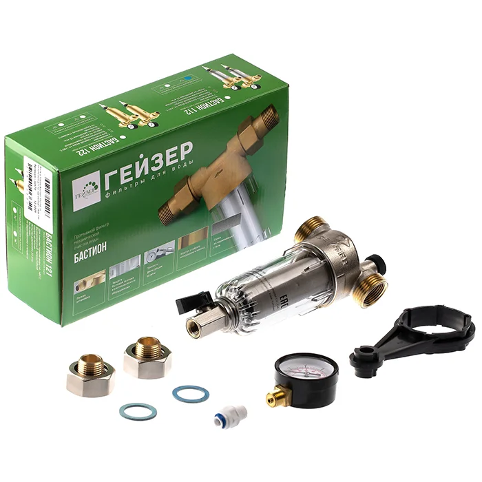 Сетчатый промывной фильтр Гейзер-Бастион 112 1/2 дюйма с прозрачным корпусом и нержавеющей сеткой 100 мкм - полный комплект