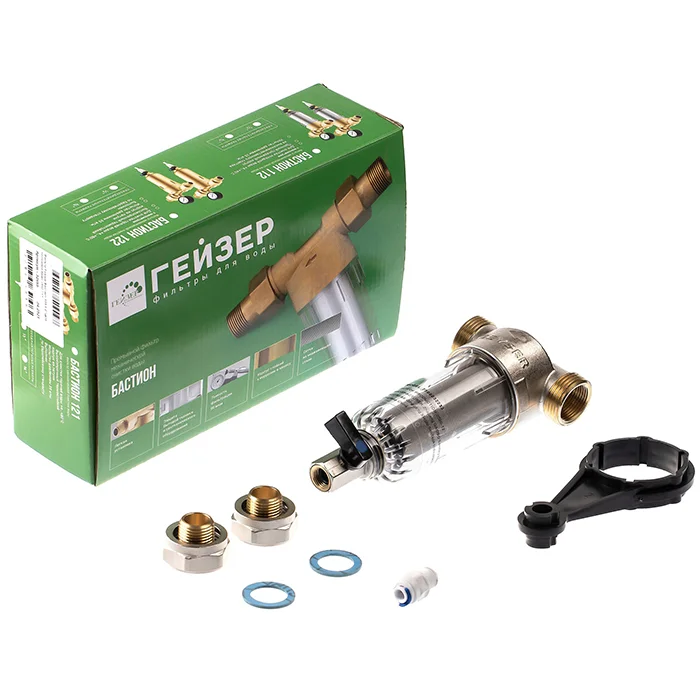 Сетчатый промывной фильтр Гейзер-Бастион 111 1/2 дюйма с прозрачным корпусом и нержавеющей сеткой 90 мкм -  полный комплект