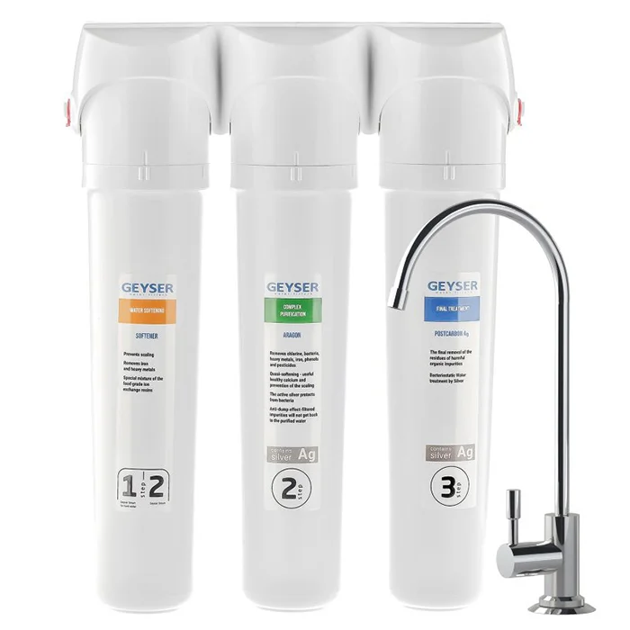 Проточный фильтр для воды Гейзер Смарт для жесткой воды под мойку умягчение защита от накипи с краном чистой воды