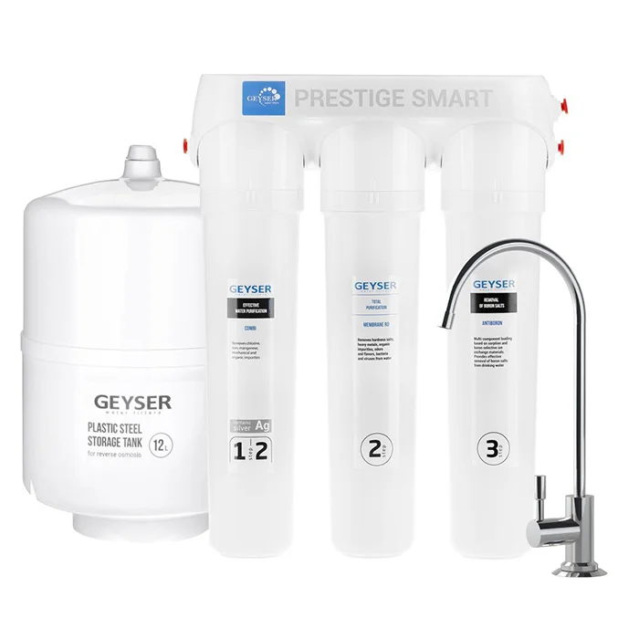 Компактная система обратного осмоса Гейзер Престиж Смарт Антибор с баком и краном чистой воды