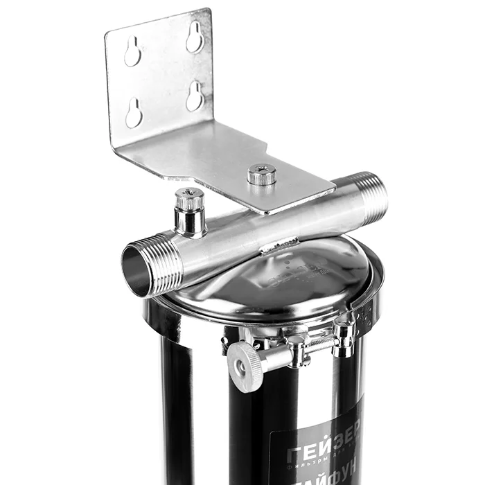 Корпус магистрального фильтра Гейзер Тайфун 10BB из пищевой нержавеющей стали - подключения и крышка