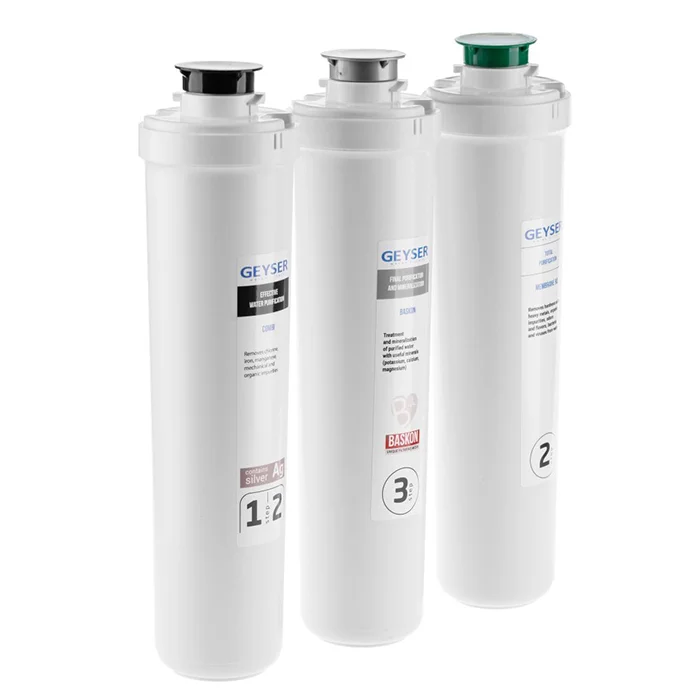 Набор картриджей Гейзер Престиж смарт: полипропилен 5 мкм + комплексный модуль + угольный постфильтр — очистка для компактного фильтра, стандарт 10SL