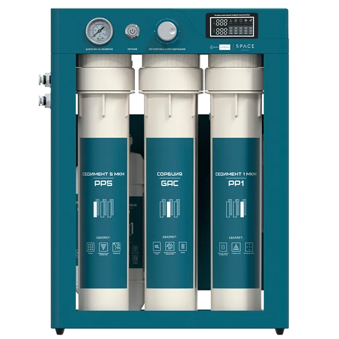 Коммерческая система обратного осмоса SpaceAqua OSMOS SUPREMO MAX в баре кофейни с краном подмеса