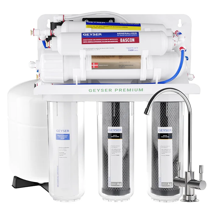 Бытовая система обратного осмоса Гейзер Премиум-П с повышающим насосом, минерализатором, баком и краном чистой воды