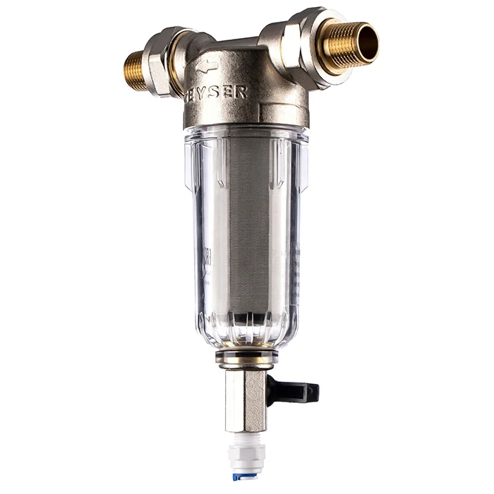 Сетчатый промывной фильтр Гейзер-Бастион 111 1/2 дюйма с прозрачным корпусом и нержавеющей сеткой 90 мкм для холодной воды