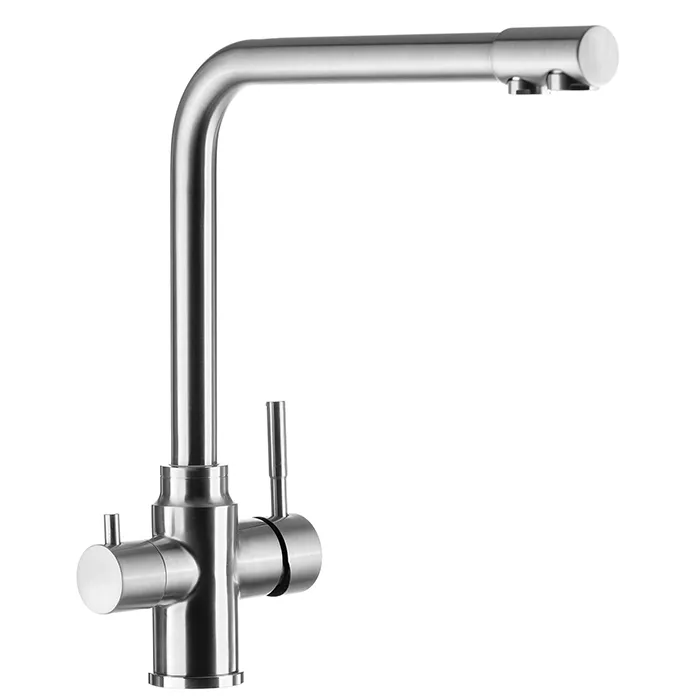 Комбинированный смеситель Гейзер Инга матовый для кухни с раздельными изливами: матовый корпус, два независимых канала для водопроводной и фильтрованной питьевой воды, подключение к фильтру в одно монтажное отверстие