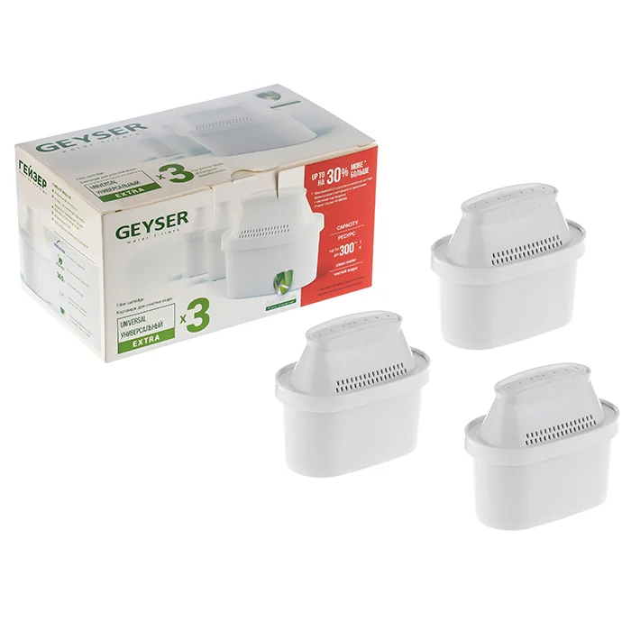 Набор из 3 картриджей Гейзер Экстра 401 для фильтра-кувшина Гелиос: очистка от хлора и железа + минерализация кальцием, магнием, калием