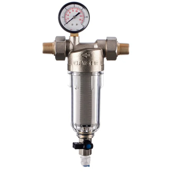 Сетчатый промывной фильтр Гейзер-Бастион 112 1/2 дюйма с прозрачным корпусом и нержавеющей сеткой 100 мкм для механической очистки холодной воды от ржавчины, песка и ила