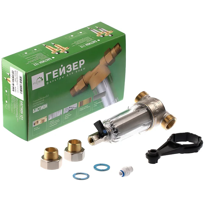 етчатый промывной фильтр Гейзер-Бастион 111 3/4 дюйма с прозрачным корпусом и нержавеющей сеткой 90 мкм - полный комплект