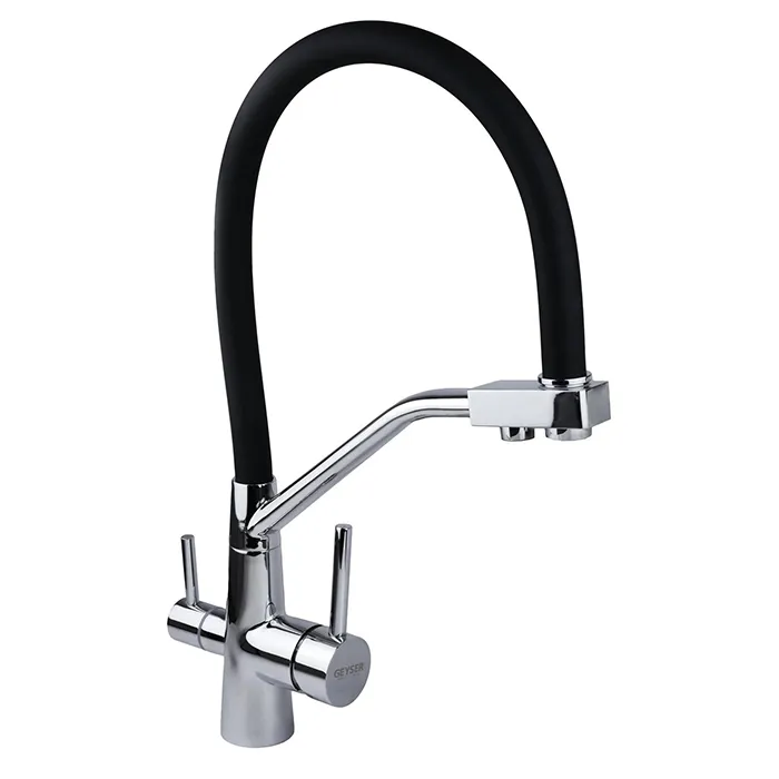 Комбинированный смеситель Гейзер Ниагара в глянцевом хроме для кухни с раздельными изливами: блестящий корпус, два независимых канала для водопроводной и фильтрованной питьевой воды, подключение к фильтру в одно монтажное отверстие