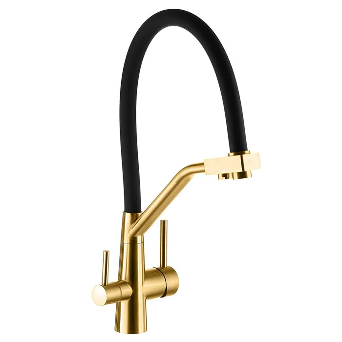 Комбинированный смеситель Гейзер Ниагара желтый для кухни с раздельными изливами: матовый желтый корпус, два независимых канала для водопроводной и фильтрованной питьевой воды, подключение к фильтру в одно монтажное отверстие