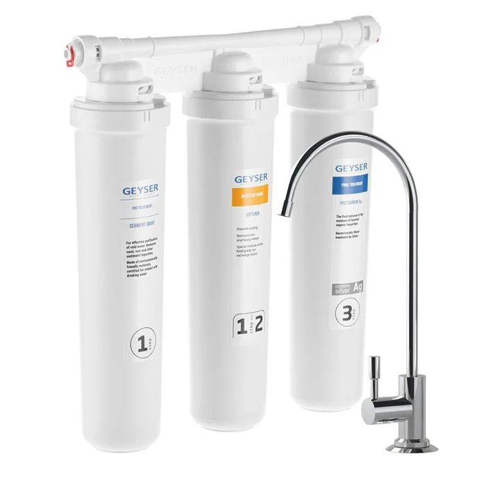 Проточный фильтр для воды Гейзер Смарт Оптима под мойку технология Smart трёхступенчатая очистка компактный