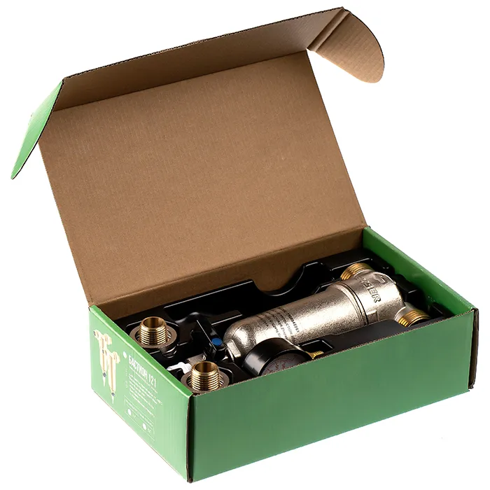 Заводская упаковка и комплектация сетчатого фильтра Гейзер-Бастион 122 1/2 дюйма: коробка с полным набором для монтажа промывного фильтра механической очистки