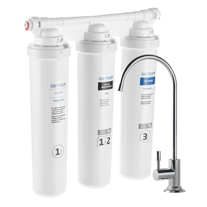 Проточный фильтр для воды Гейзер Оптима под мойку для комплексной очистки технология Smart трёхступенчатая система