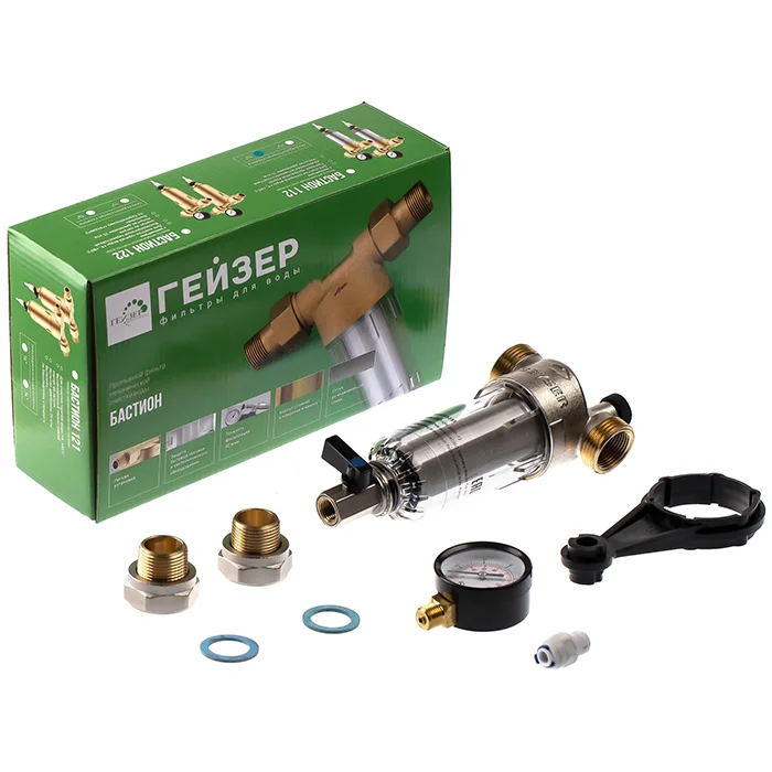Сетчатый промывной фильтр Гейзер-Бастион 112 3/4 дюйма с прозрачным корпусом и нержавеющей сеткой 100 мкм - полный комплект