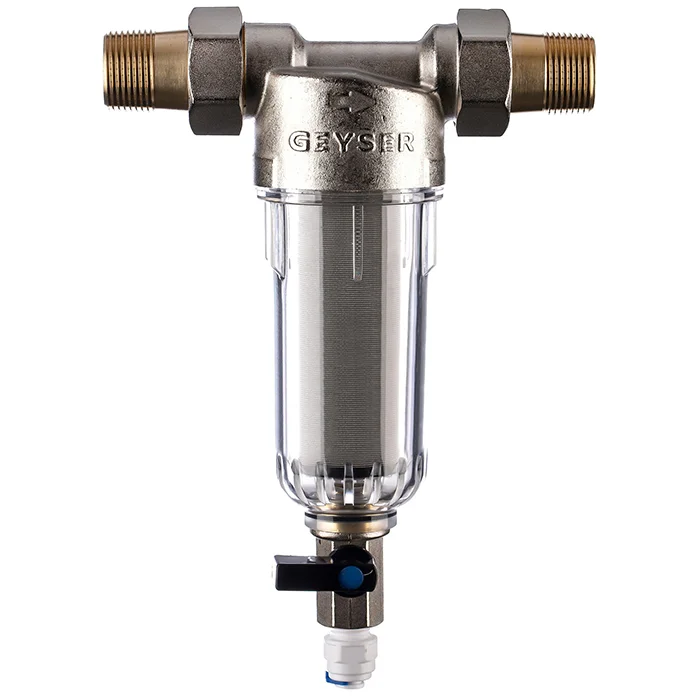етчатый промывной фильтр Гейзер-Бастион 111 3/4 дюйма с прозрачным корпусом и нержавеющей сеткой 90 мкм для механической очистки холодной воды от ржавчины, песка и ила